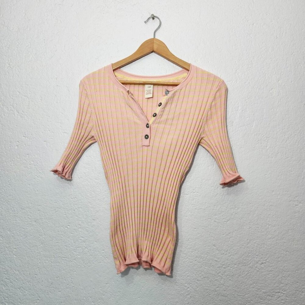 SUNDANCE Pink Yellow Striped Stretchy Rib Knit Living Legend Henley Slim Top